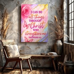Wall Art Christian Bible Verse Philippians 413 Pink Rose Butterfly Print Decor