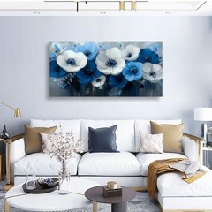 Blue and White Flower Canvas Wall Art Canvas Painting Poster,DIY Framed 24″x48″