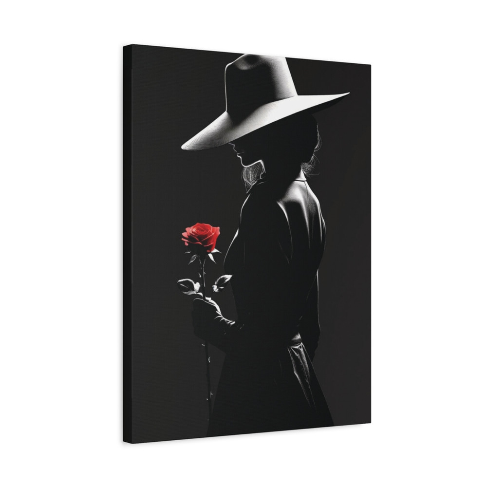 Red Rose & Silhouette Woman – Black and White Canvas | Gothic Wall Art