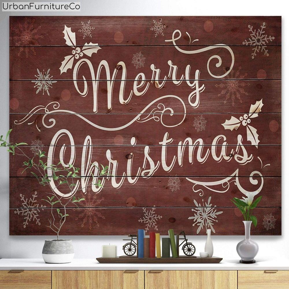 Merry Christmas Season Greetings on Red Print on Natural Pine Wood – Red Decor