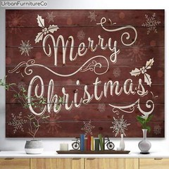 Merry Christmas Season Greetings on Red Print on Natural Pine Wood – Red Decor