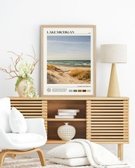 Natural OAK Wood Lake Michigan Framed Wall Art,12x16in Natural Scenery Canvas…