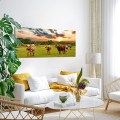 Texas Longhorn Sunset Canvas Art – Framed Farm Decor 20»x48
