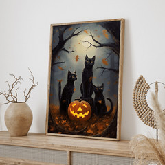 Framed Canvas Three Black Cats Full Moon Pumpkin Fall Dark Forest Vintage Art