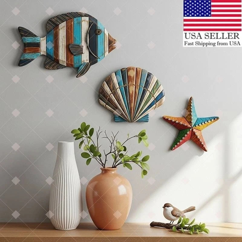 American Coastal Ocean Wood Set: Fish Scales Shells Starfish 3-Piece Wall Decor
