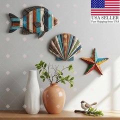American Coastal Ocean Wood Set: Fish Scales Shells Starfish 3-Piece Wall Decor