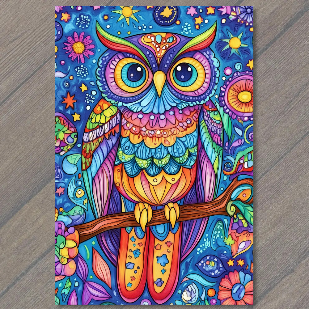 Art Print Bright Owl Trippy Colors Stars Cosmic Psychedelic Patterned Wings Bran