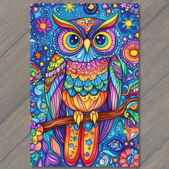 Art Print Bright Owl Trippy Colors Stars Cosmic Psychedelic Patterned Wings Bran