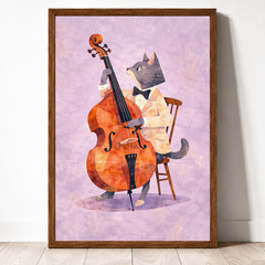 Whimsical Cat Wall Art, Watercolor Animal Print, Music Decor Gift 11×17 Framed