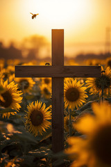 Christian Cross Sunflower Bees 4×6 Photo Print Religious Wall Art Decor
