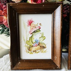 Vintage Nursery Animal Prints Frog & Beagle Puppies Framed Set Cottage