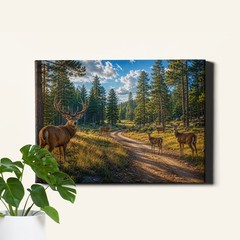 Deer on Forest Trail Canvas Print, Woodland Landscape Wildlife Scene