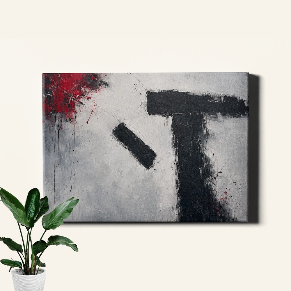 Abstract geometric drip painting black gray crimson Canvas Print modern texture