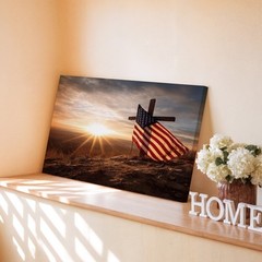 Sunrise with American Flag and Cross on Hilltop Patriotic Canvas Wall Art Print