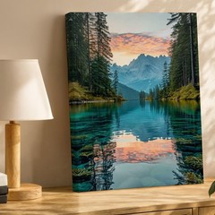 Mountain Landscape Reflected In Clear Lake With Tall Pine Trees Canvas Wall Art