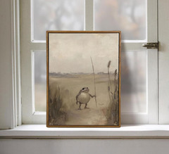 Framed Whimsical Frog Traveler Wall Art Vintage Cottagecore Painting Animal Canv