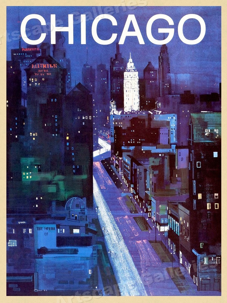 Chicago Cityscape Vintage Style 1960s Travel Poster – 24×32