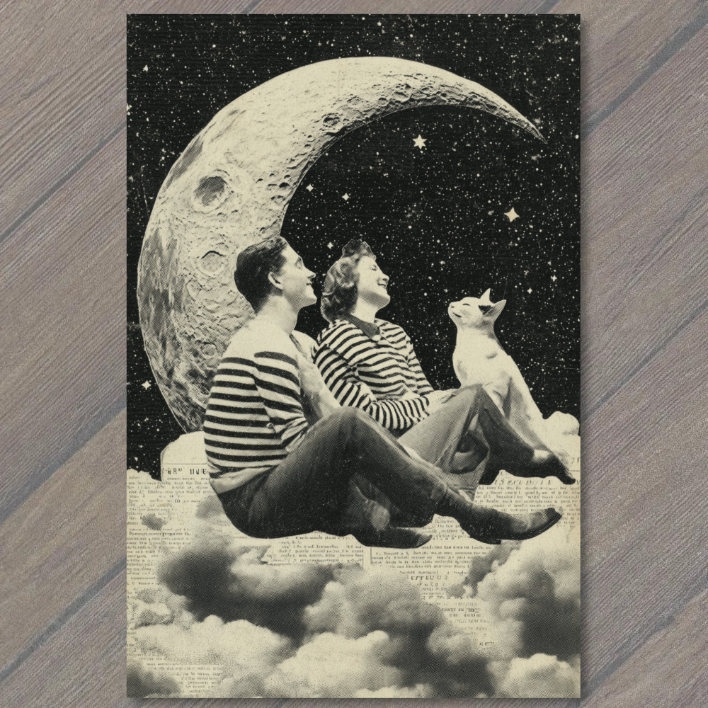 Art Print Crescent Moon Couple Starry Night Surreal Romance Cloud Dream