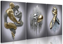 Modern Wall Art Set of 3 Metal Effect Couple Canvas Paintings Wall Decor for