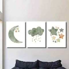 3pcs light green illustration stars and moon, Metal Print Ready to Hang Art