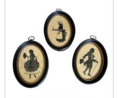 Vintage Silhouettes Set Of 3 Black Oval Frames Colonial Dress Americana
