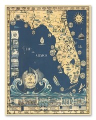 Antique Map of Florida c1930s Vintage Pictorial Gulf Coast Travel Wall Art