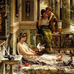 CORNER OF THE VILLA WOMAN FEEDING PIGEONS PAINTING BY EDWARD JOHN POYNTER REPRO
