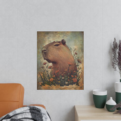 Retro CAPYBARA FLOWER Wall Art, Botanical Floral Wildlife Rodent Nature Poster