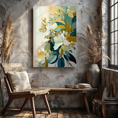Abstract Modern Floral Canvas Wall Art Blue White Yellow Green Botanical Leaves