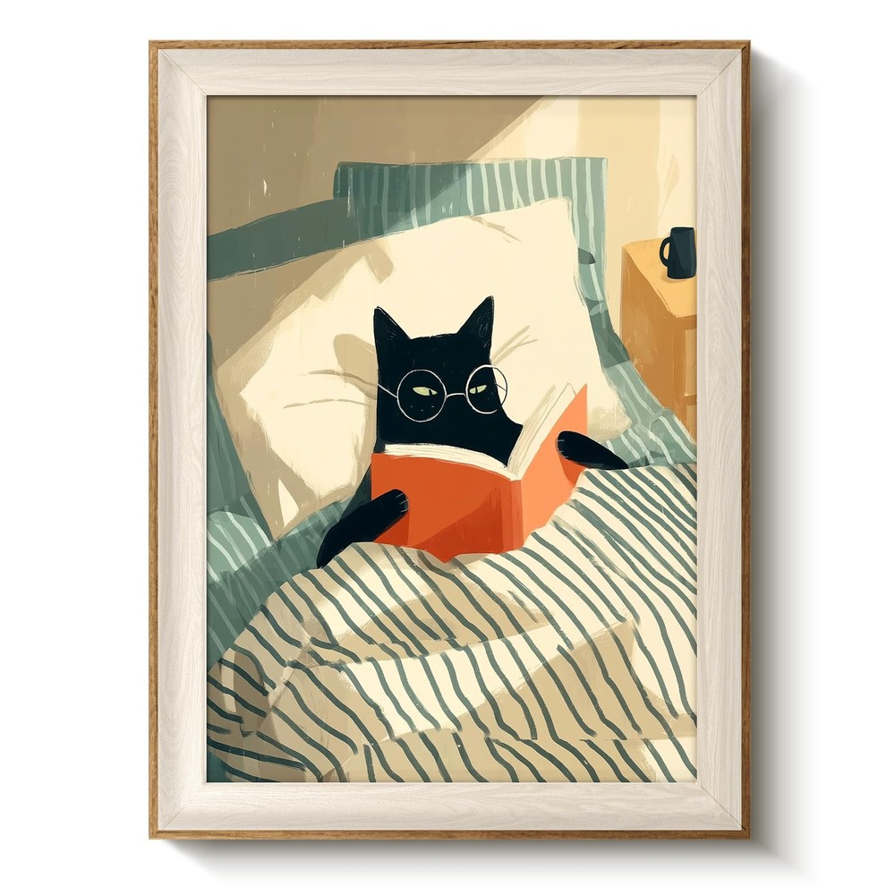 Framed Black Cat Reading Wall Art, Whimsical Cozy Canvas Painting for Bedroom…