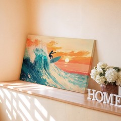 Surfer Riding Ocean Wave at Sunset Beach Canvas Wall Art Modern Coastal Print