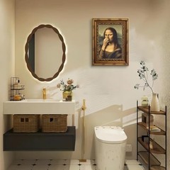 Vintage Gold Carving Frame Mona Lisa Canvas Wall Art – Funny Bathroom Decor, 9×1
