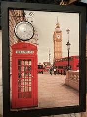 London Red Telephone Box Framed Print Clock: English Phone Booth Wall Art