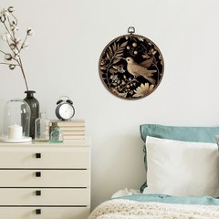 Vintage Bird Floral Framed Wall Art Decor, Gold Botanical Flower Round Canvas…