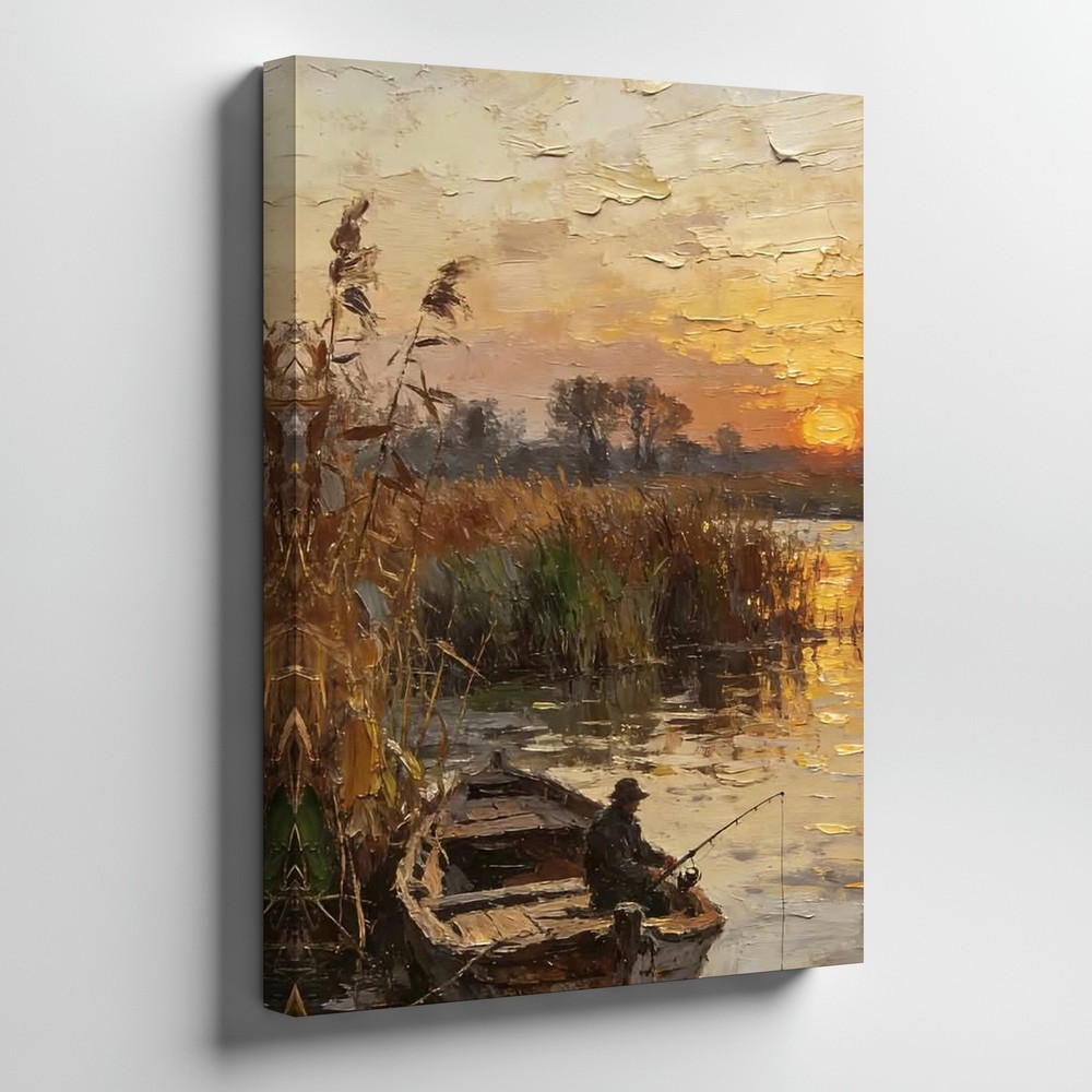 Rustic Fishing Boat Sunset Canvas Wall Art River Landscape Scene Print Art Print