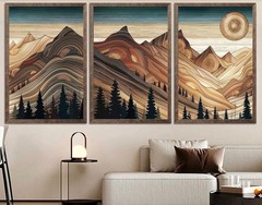 3Pcs Abstract Sun Mountain Wall Art Nature Woodcut Style Landscape Posters Print