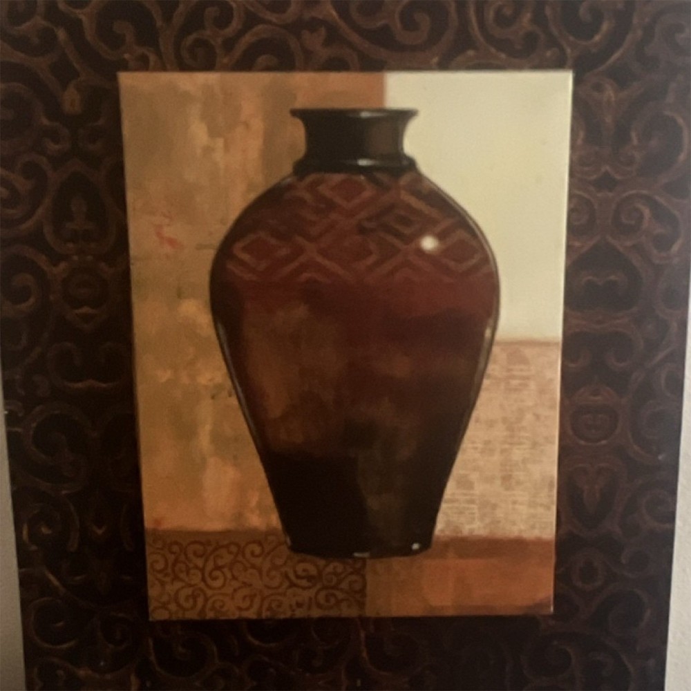 Framed Decorative Vase Still Life Art Print, Vertical, Brown Black Beige