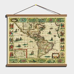 Ancient Antique Old 1625 Map: America, 100% Cotton Canvas Magnetic Wooden Hanger