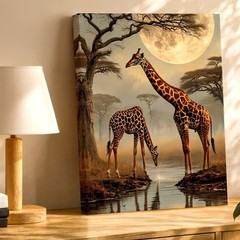 Canvas Giraffe Pair Moonlit Safari Landscape Wildlife Home Statement Room Print
