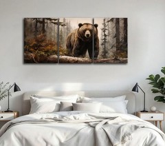 3Pcs Framed Grizzly Brown Bear in Misty Forest Canvas Wall Art Wildlife Print…
