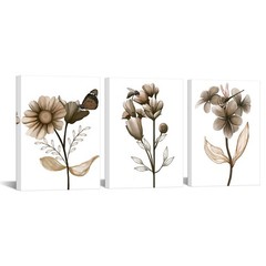 3 Piece Flower Canvas Wall Art Brown Floral Painting Art Prints Transparent F…