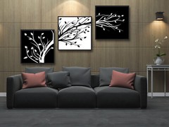 Black Framed Leaves Modern 3 Panels Artwork Black and White Abstract Floral Tree