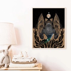 Loon and Full Moon Poster – Whimsical Bird Folk Art Wall Print Decor