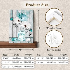 Teal Floral Wall Art for Living Room Blue and White Daisy Flower with Butterf…