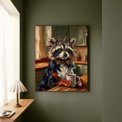 «Coffee & Silence» – Raccoon Vertical Canvas – Spirit Animal Wall Art