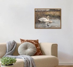 Vintage Swans Family In The Lake Canvas Wall Art Wild Animal Landscape Oil Paint