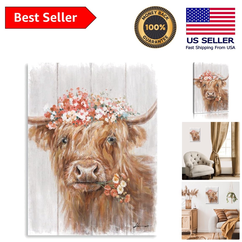 Waterproof Highland Cow Wall Art – Framed 12″ x 15″ Rustic Beauty