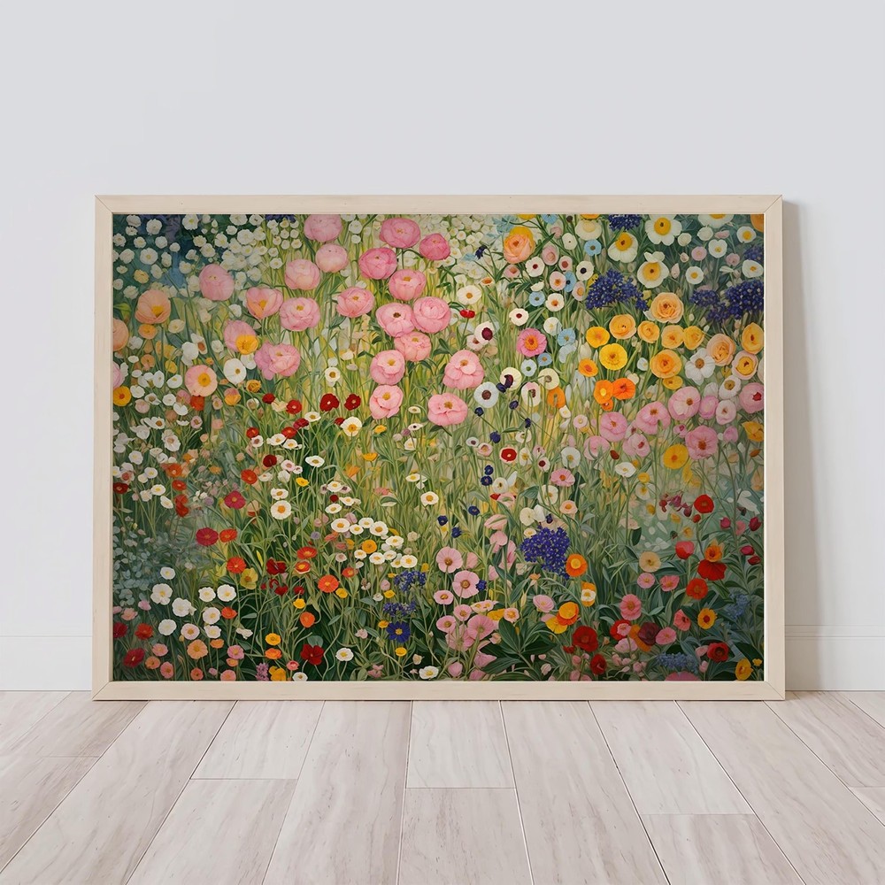 Gustav Klimt Flower Garden Poster | Pink Green Landscape Wall Art