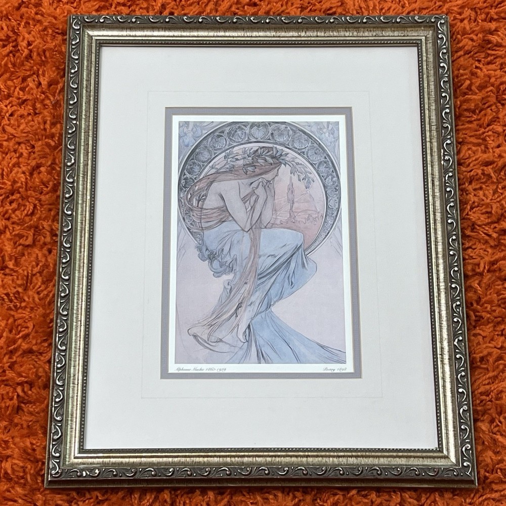 Vintage Alphonse Mucha ‘Poetry’ Art Print Ornate Frame Art Nouveau 14″x18″