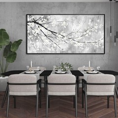 Large 29″x58″ White Black and Gold Plum Blossom Canvas Black Frame Wall Art M…